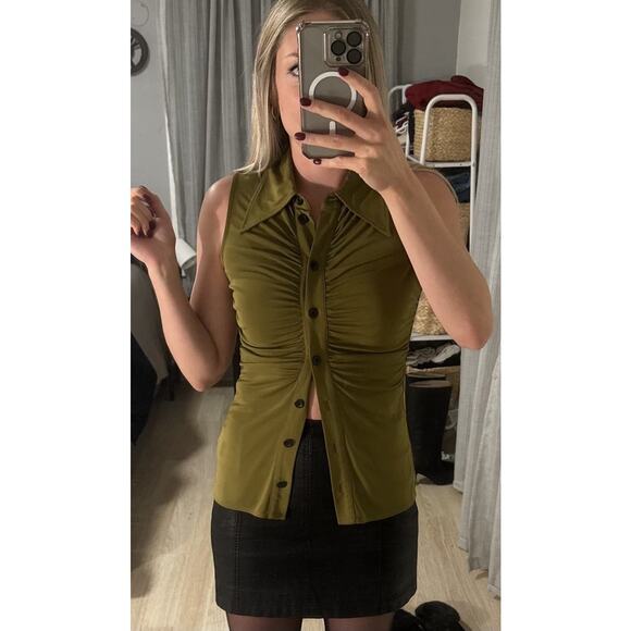 Proenza Schouler White Label Tops - PROENZA SCHOULER WHITE LABEL Army Green Sleeveless Collared Button Front Top XL